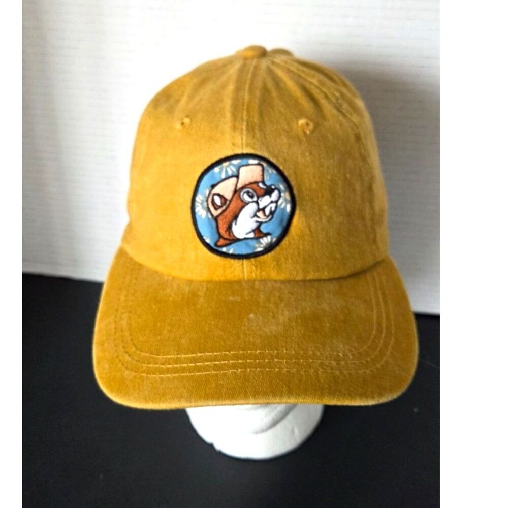 Buc-ees Mustard Yellow Dad Hat Cap Leather Strapback Floral Beaver Patch OSFM